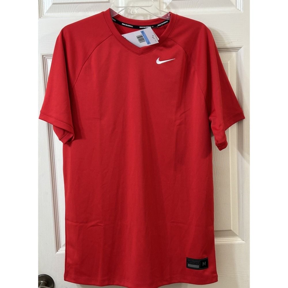 NWT Nike Baseball Team Engineered Crew V Neck Mens Med Red Shirt Jersey DX9140